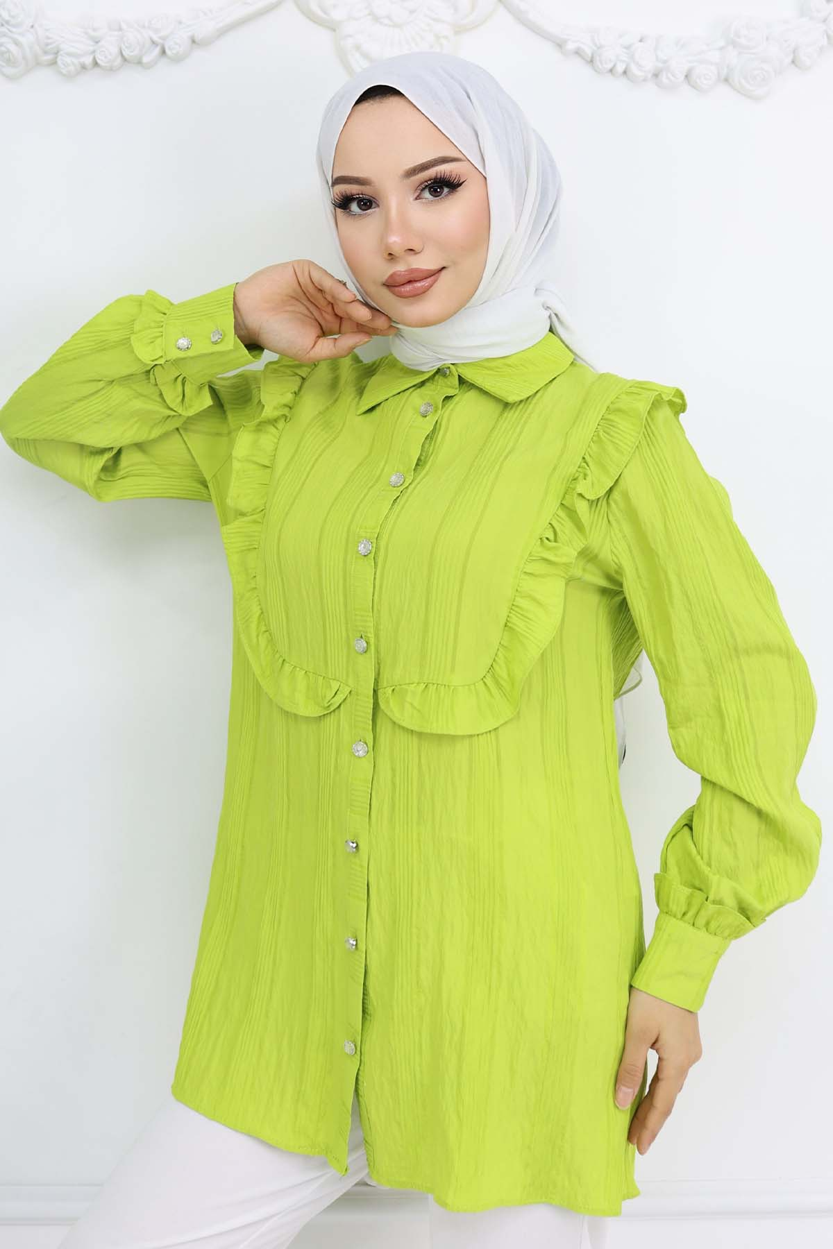 Self-patterned Shirt With Ruffle Detail