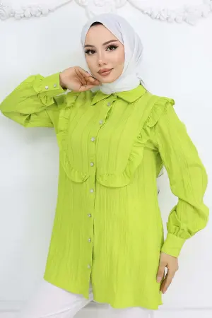 Fırfır Detaylı Kendinden Desenli Gömlek Fıstık Yeşili 2235