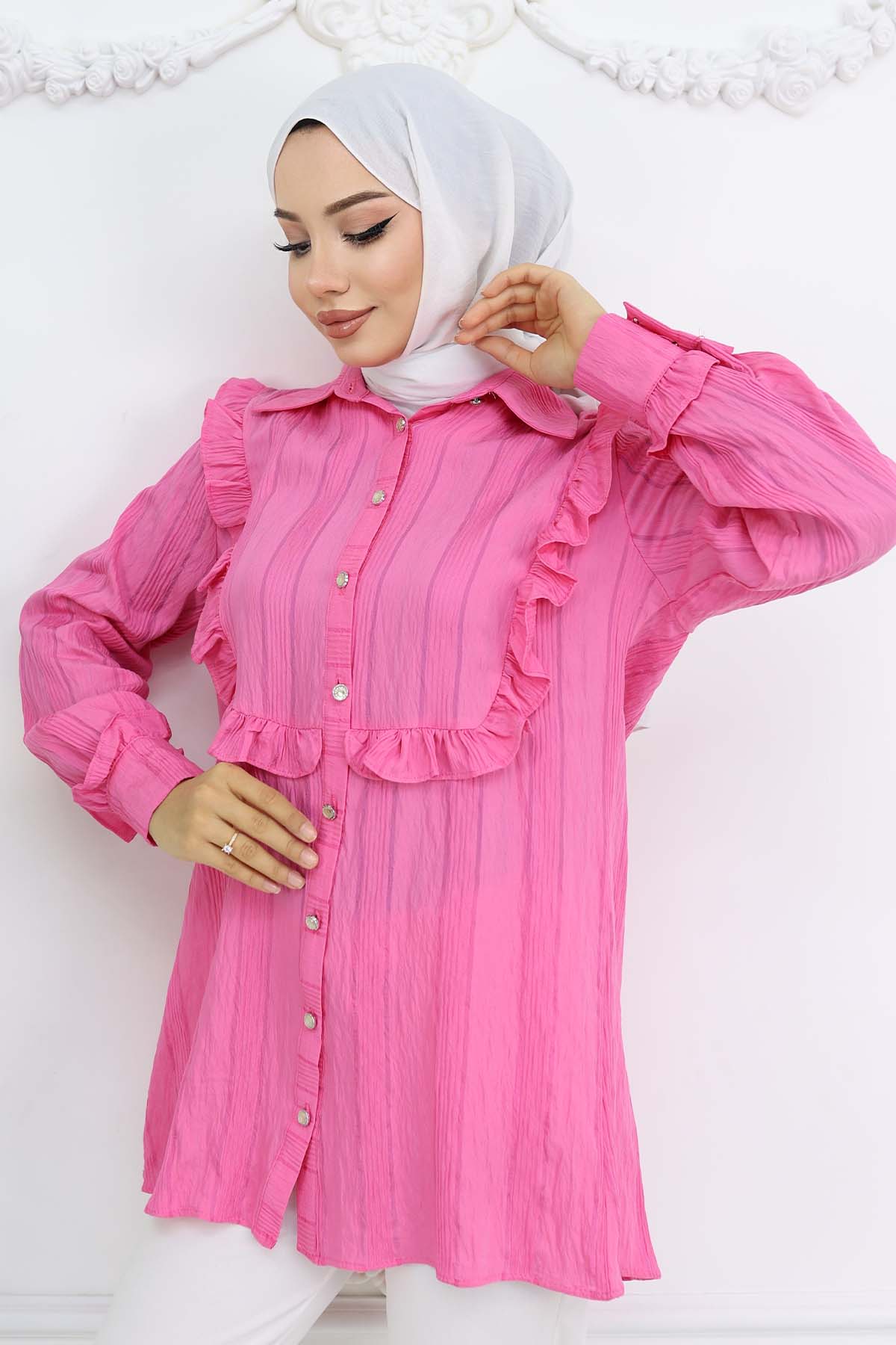 Fırfır Detaylı Kendinden Desenli Gömlek Fuşya 2235