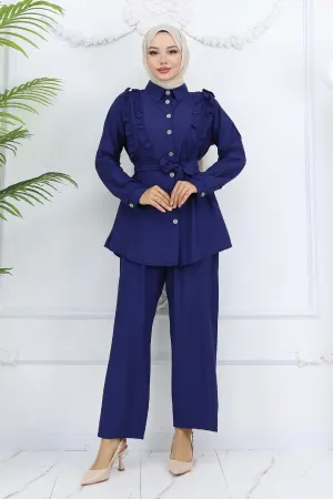Ruffle Detailed Belted Two Piece Suit