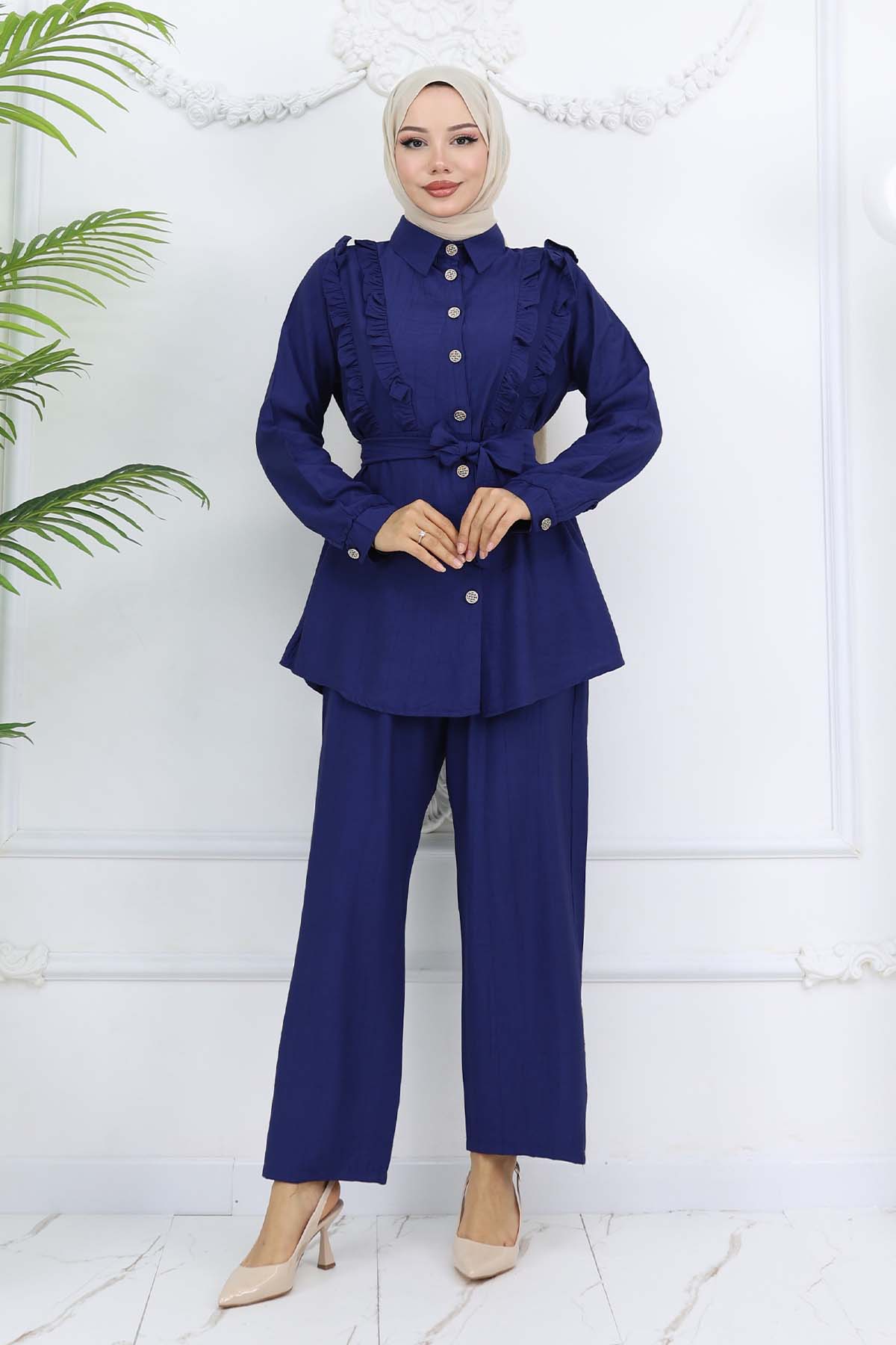 Ruffle Detailed Belted Two Piece Suit
