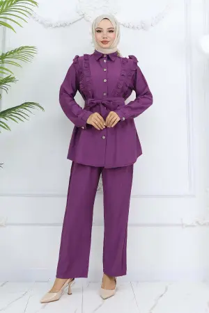 Fırfır Detaylı Kuşaklı İkili Takım Mor 4781