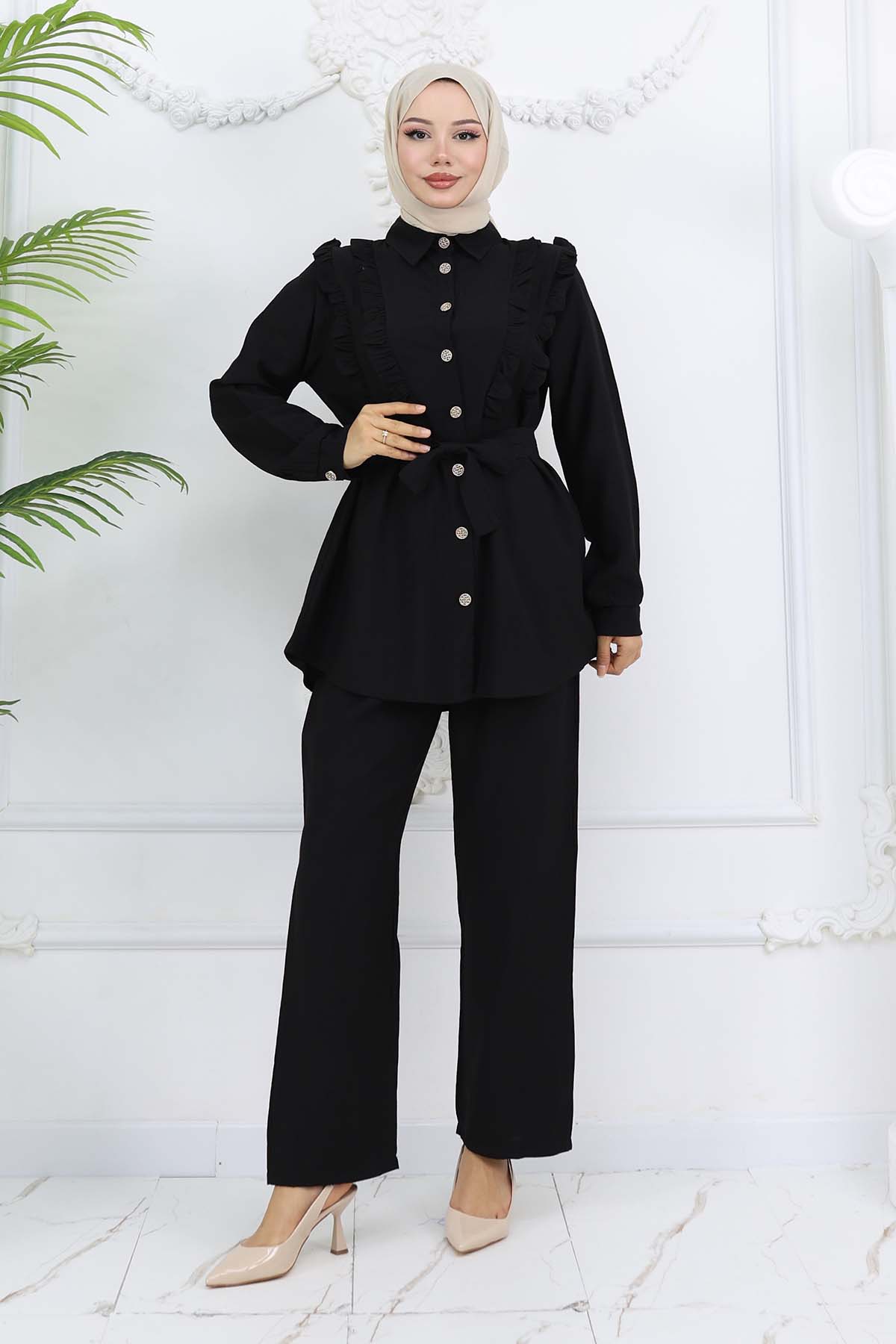Ruffle Detailed Belted Two Piece Suit