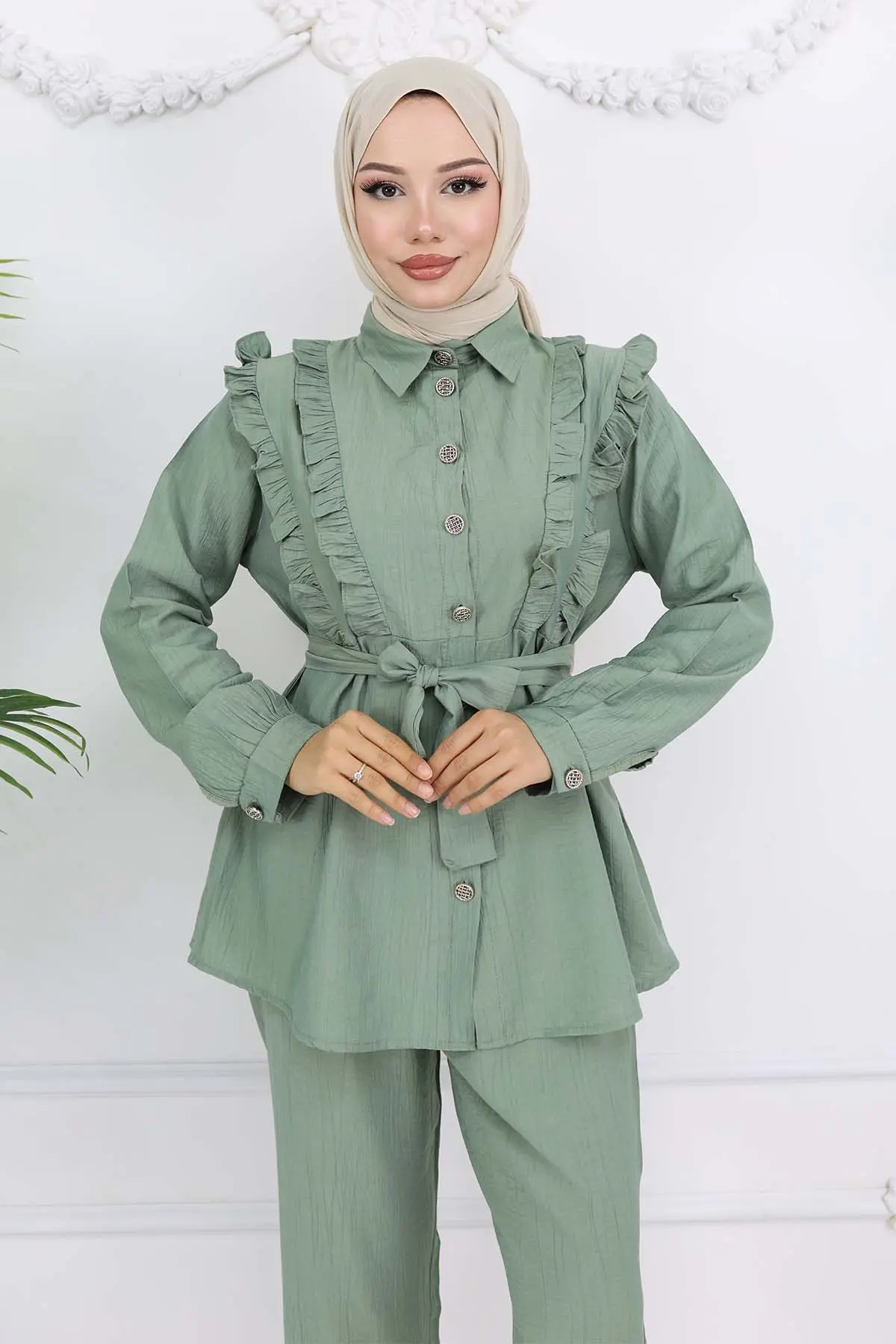 Fırfır Detaylı Kuşaklı İkili Takım Çağla 4781-detail