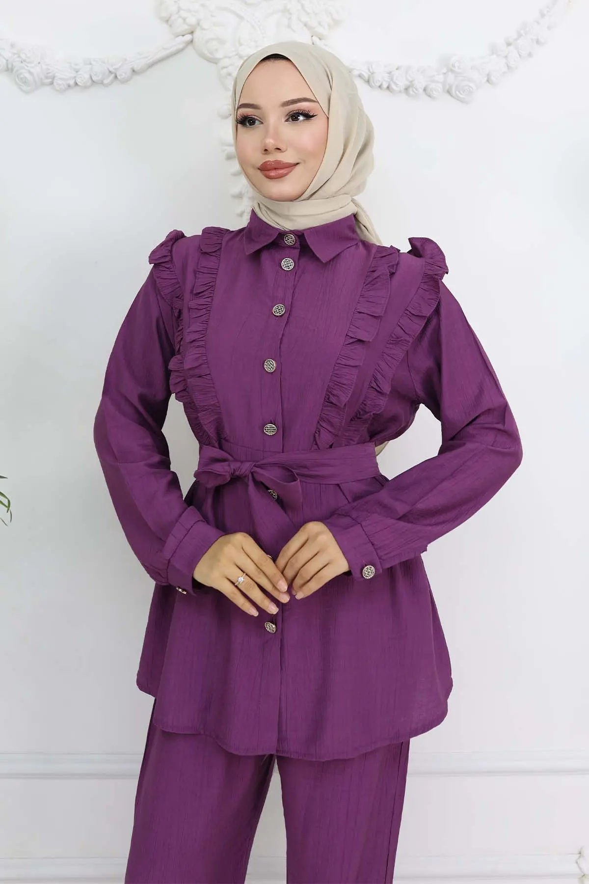 Fırfır Detaylı Kuşaklı İkili Takım Mor 4781-detail