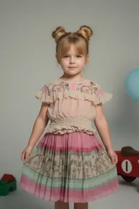 Girls' Ruffle Blouse And Pleated Floral Skirt 2 Pieces Set