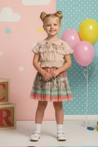 Girls' Ruffle Blouse And Pleated Floral Skirt 2 Pieces Set