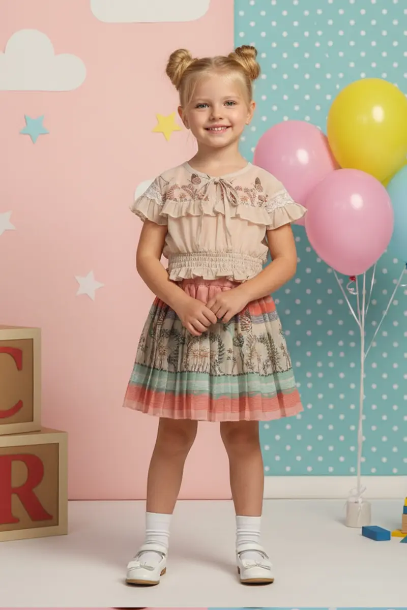 Fırfırlı Bluz Ve Pilili Desenli Etek 2'li Kız Çocuk Takımı