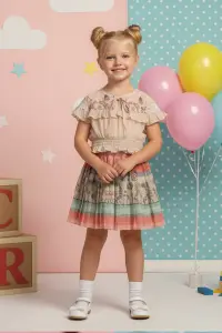 Fırfırlı Bluz Ve Pilili Desenli Etek 2'li Kız Çocuk Takımı