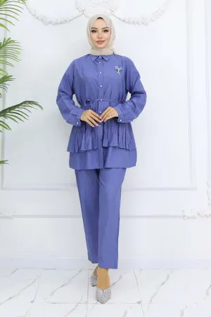 Frilled Brooch Detailed Two Piece Suit