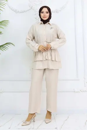 Frilled Brooch Detailed Two Piece Suit