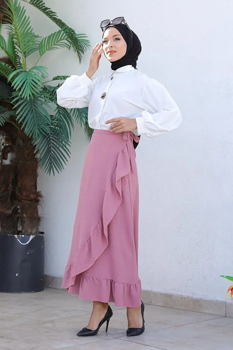 Fırfırlı Tasarım Etek Gül Kurusu-detail