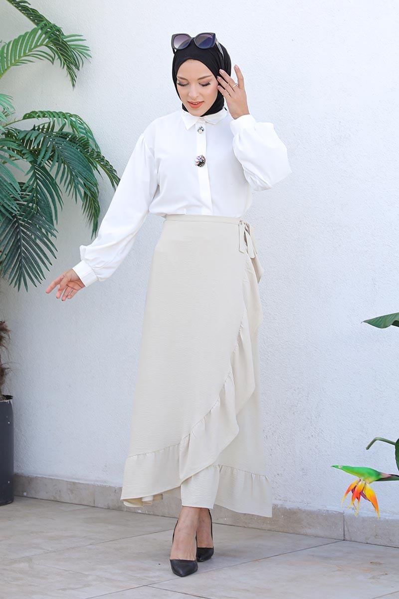 Fırfırlı Tasarım Etek Vizon