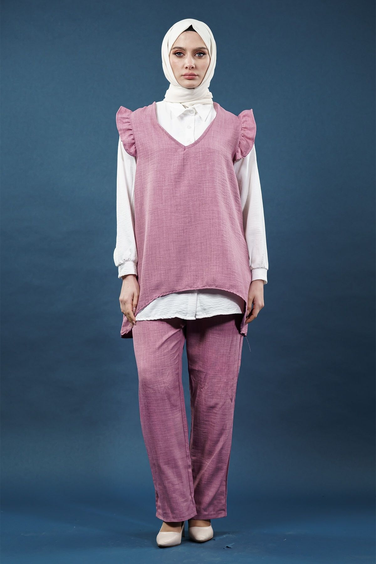 Fırfırlı Üçlü Keten Takım