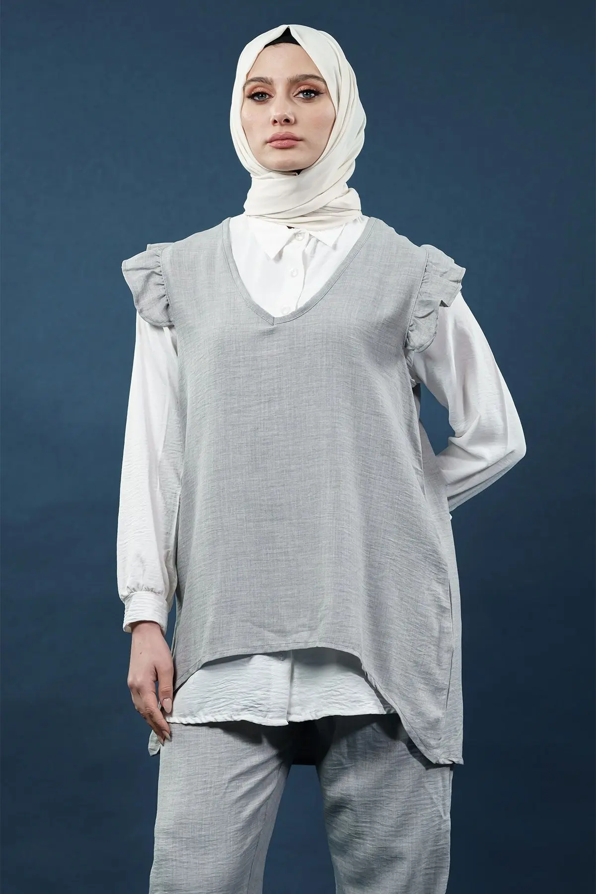 Fırfırlı Üçlü Keten Takım-detail