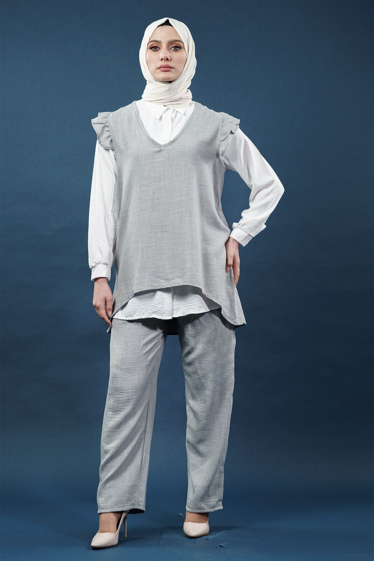 Fırfırlı Üçlü Keten Takım