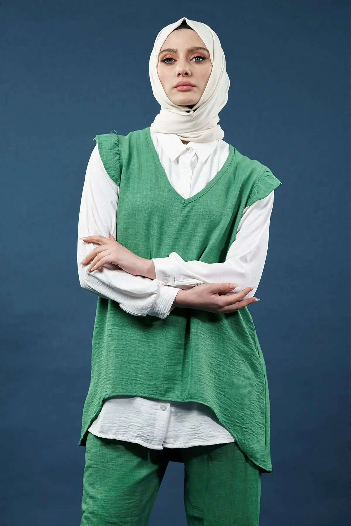 Fırfırlı Üçlü Keten Takım-detail