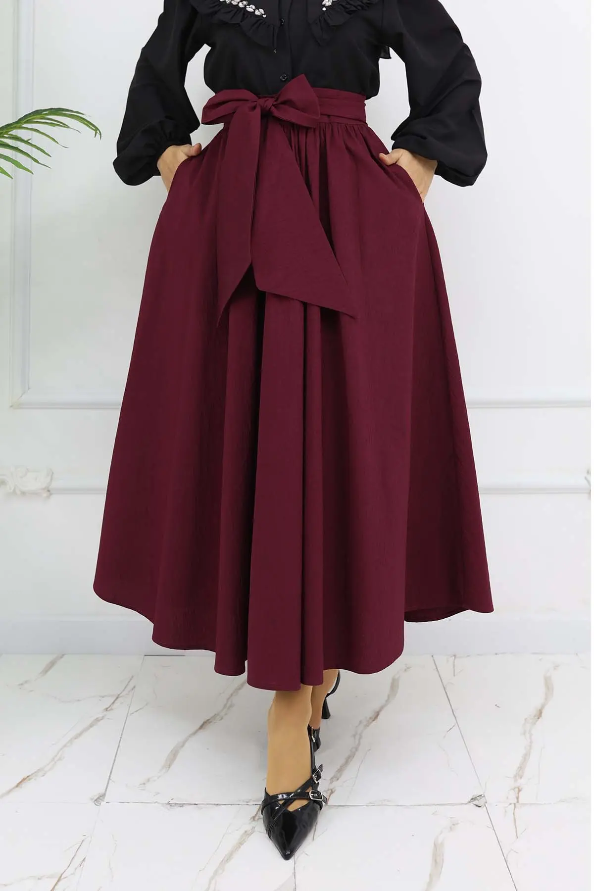 Fiyonk Detaylı Kloş Etek Bordo 2197-detail
