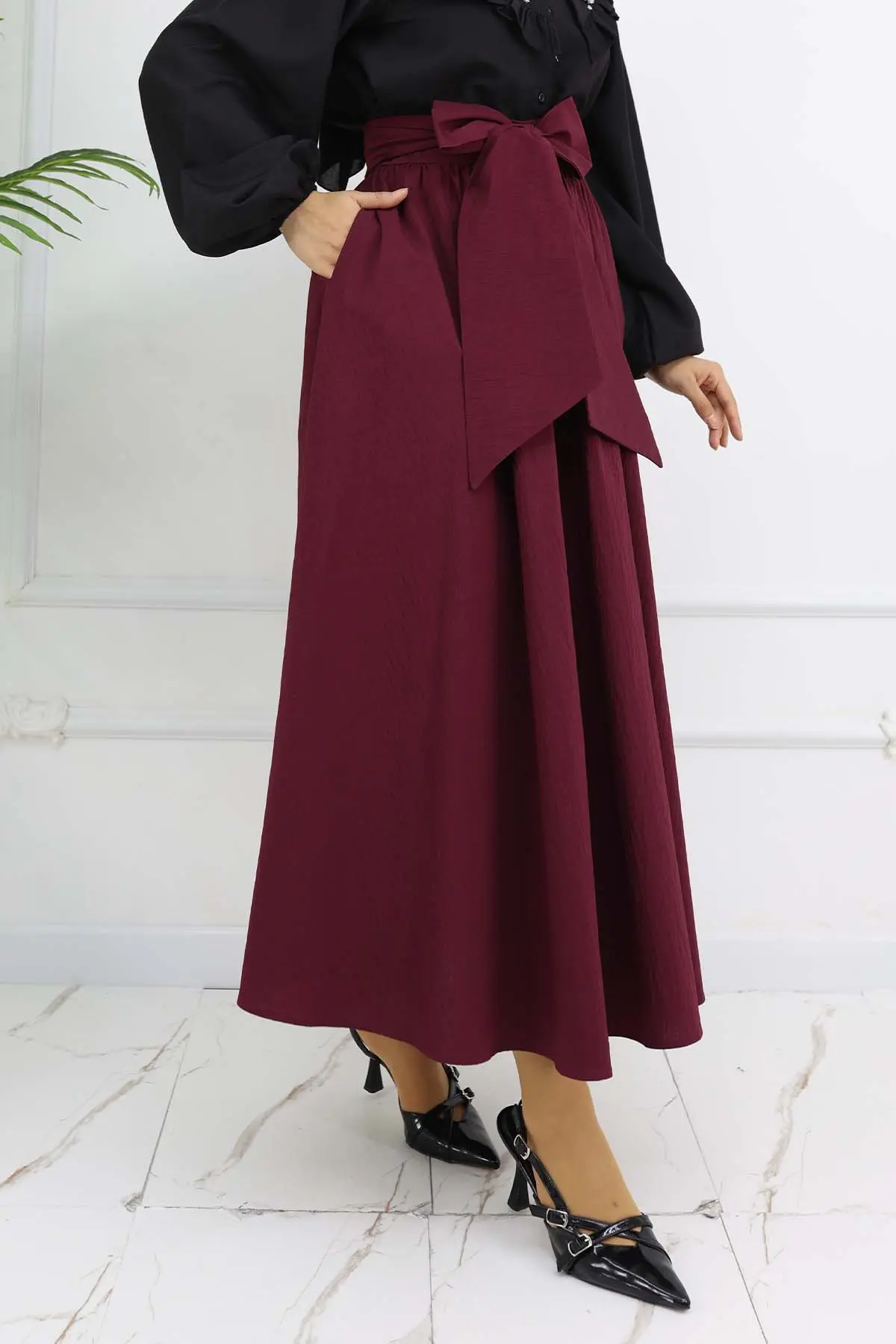Fiyonk Detaylı Kloş Etek Bordo 2197-detail