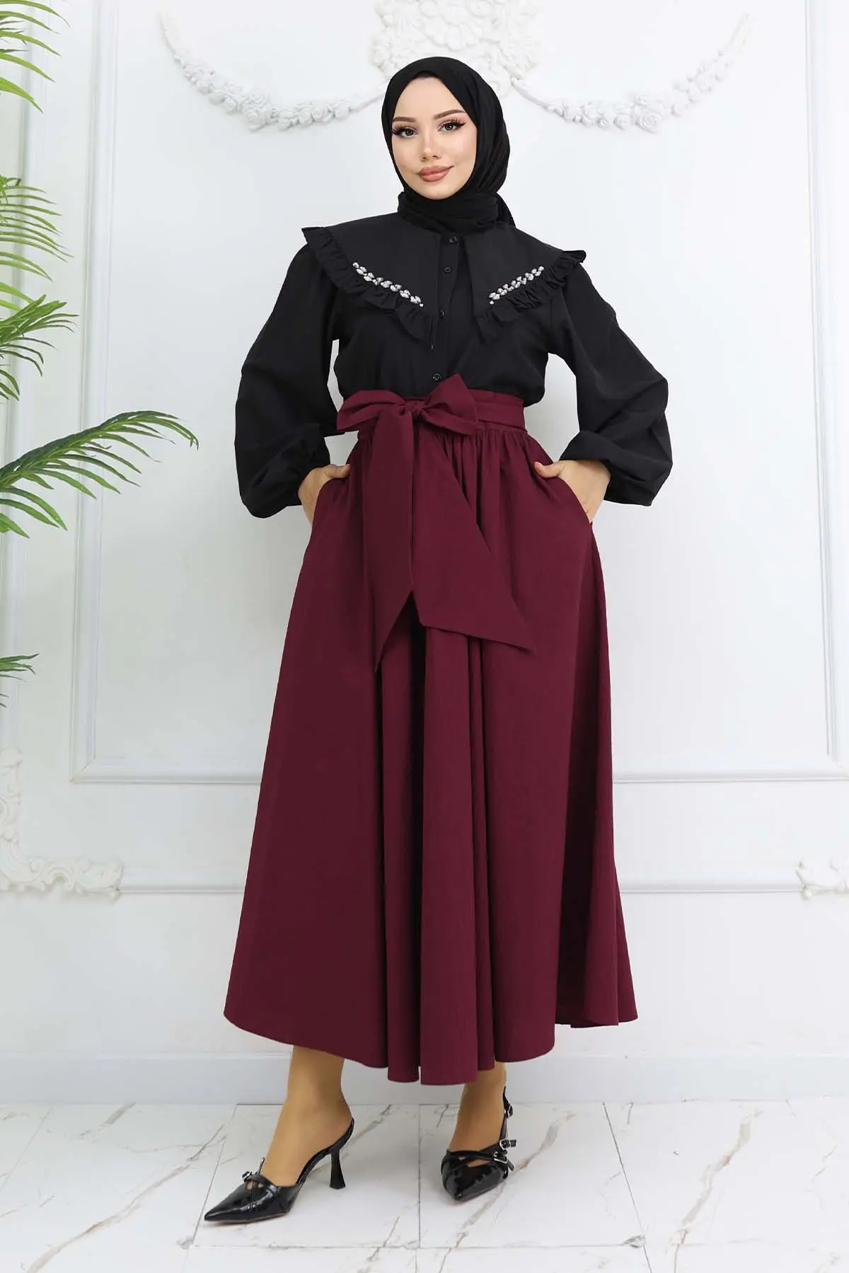 Fiyonk Detaylı Kloş Etek Bordo 2197-detail