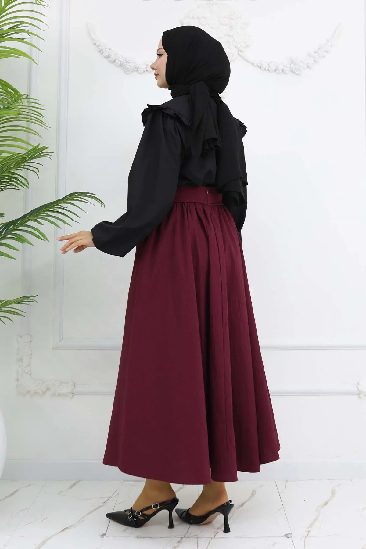 Fiyonk Detaylı Kloş Etek Bordo 2197-detail