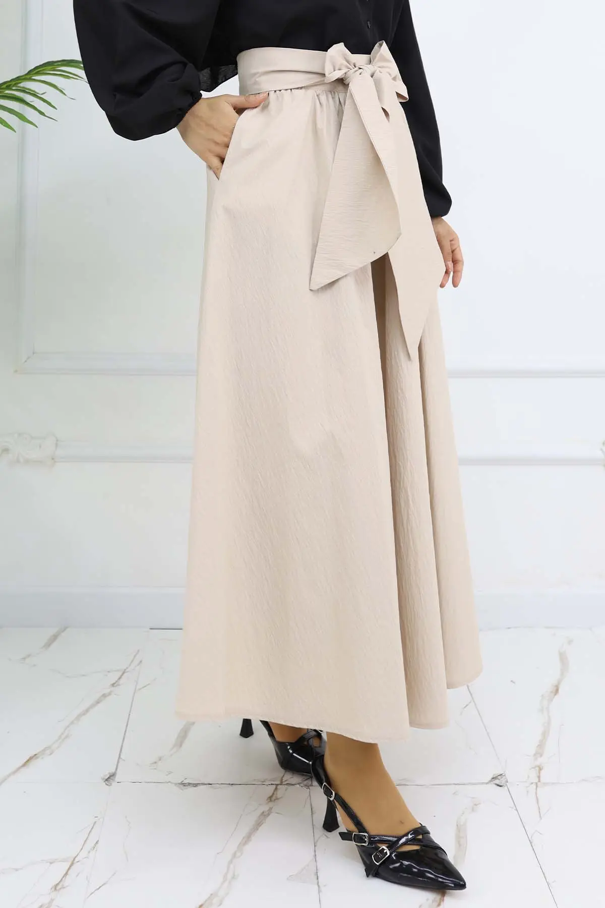 Fiyonk Detaylı Kloş Etek Taş Rengi 2197-detail