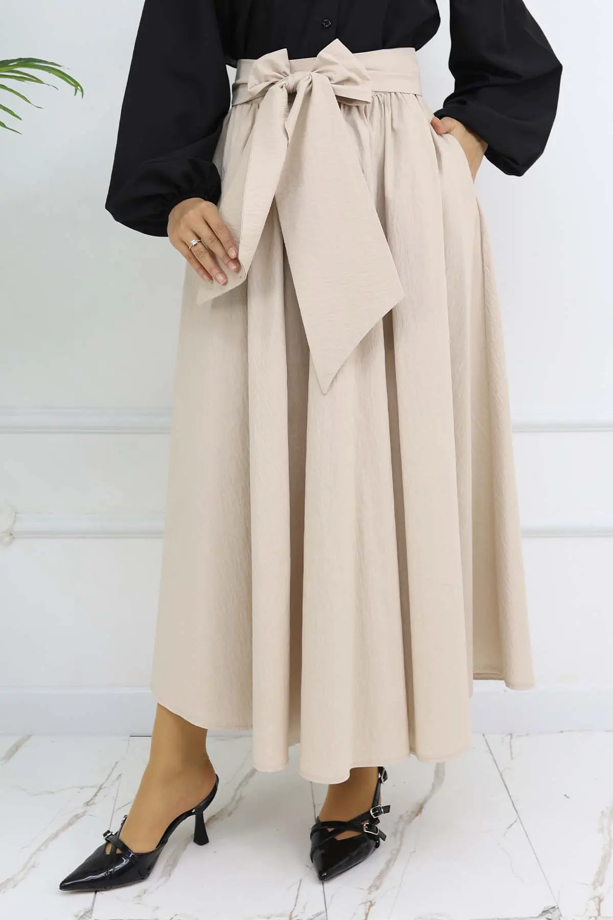 Fiyonk Detaylı Kloş Etek Taş Rengi 2197-detail