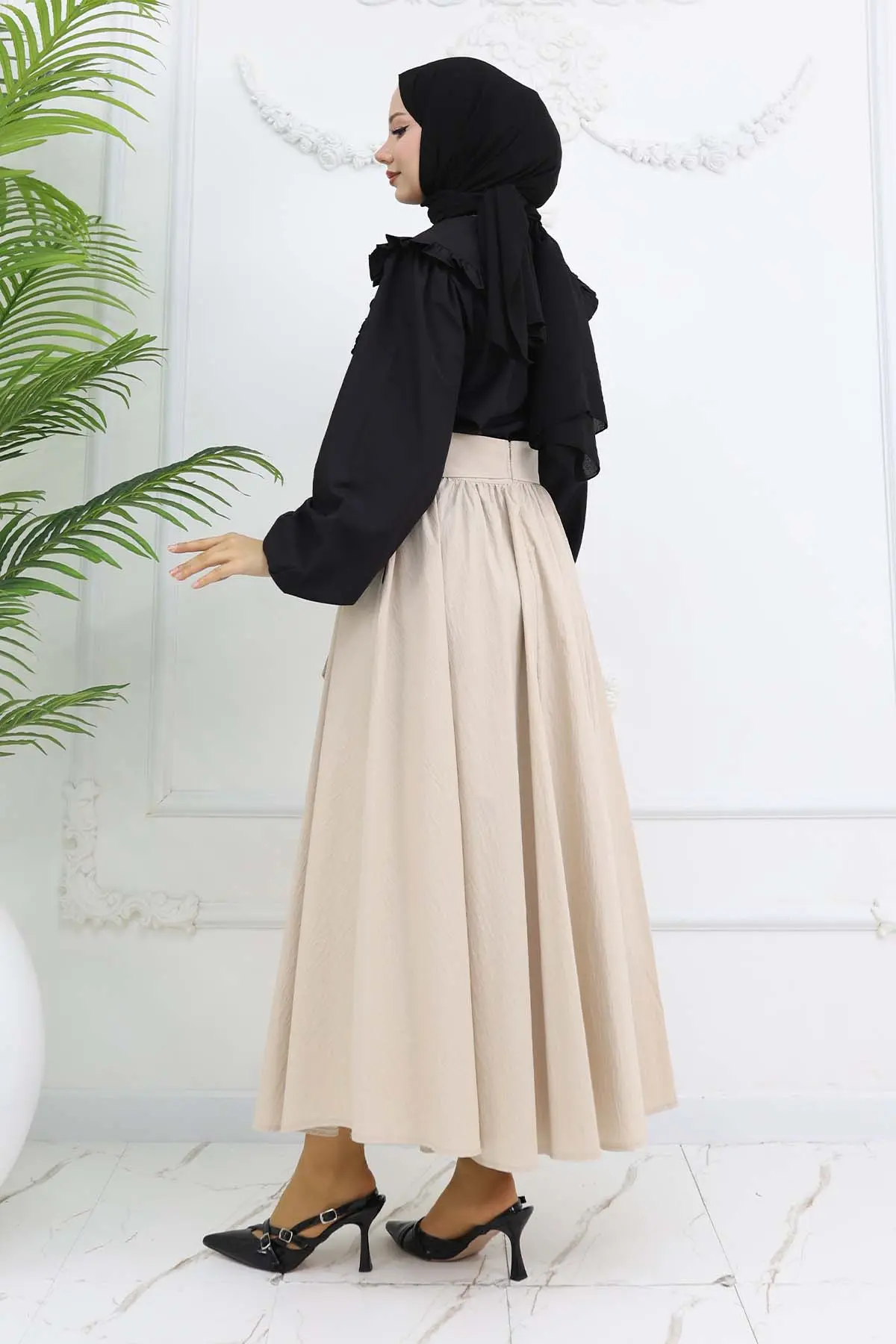 Fiyonk Detaylı Kloş Etek Taş Rengi 2197-detail