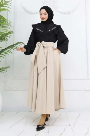 Fiyonk Detaylı Kloş Etek Taş Rengi 2197