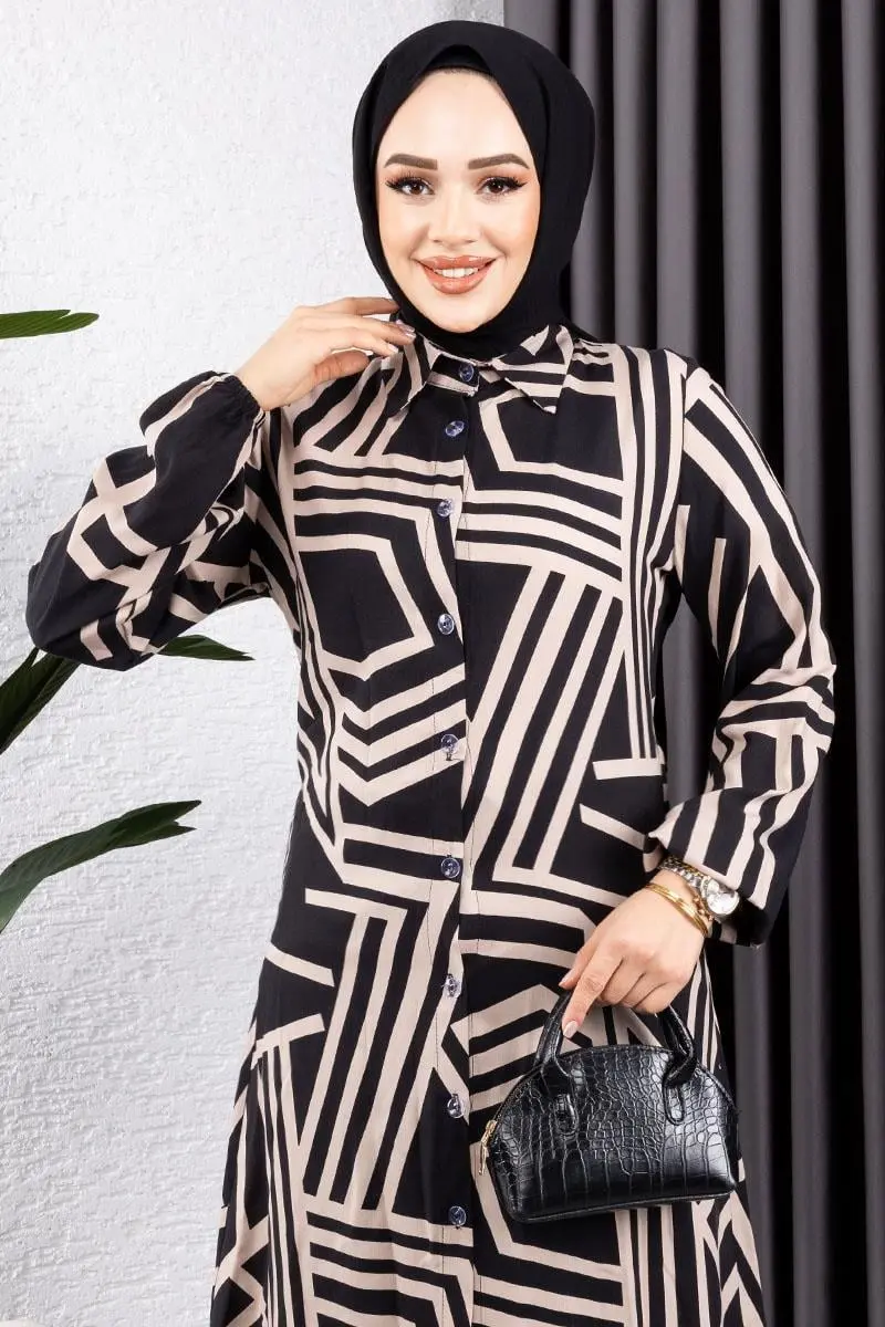 Geometrik Desen Viskon Tunik Siyah Vizon-detail