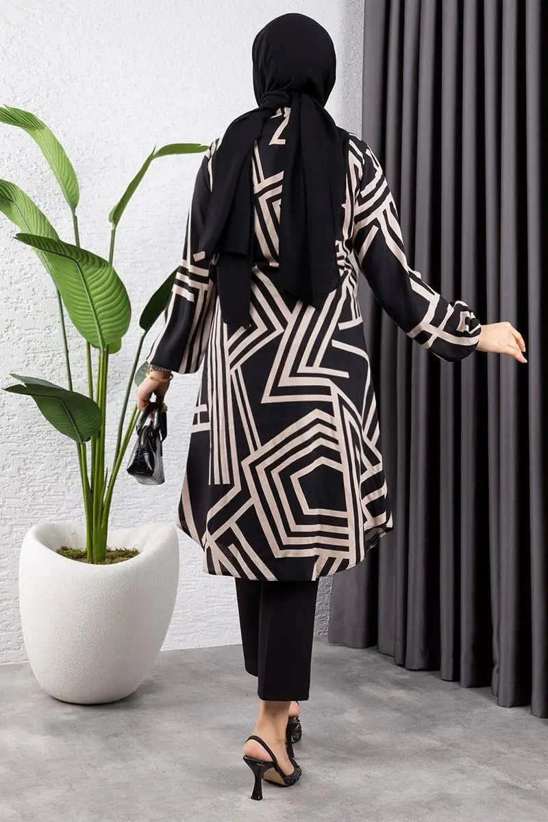 Geometrik Desen Viskon Tunik Siyah Vizon-detail