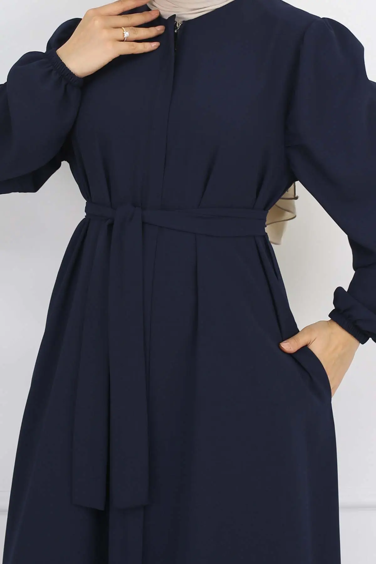 Gizli Fermuarlı Kuşaklı Ferace Lacivert 1003-detail