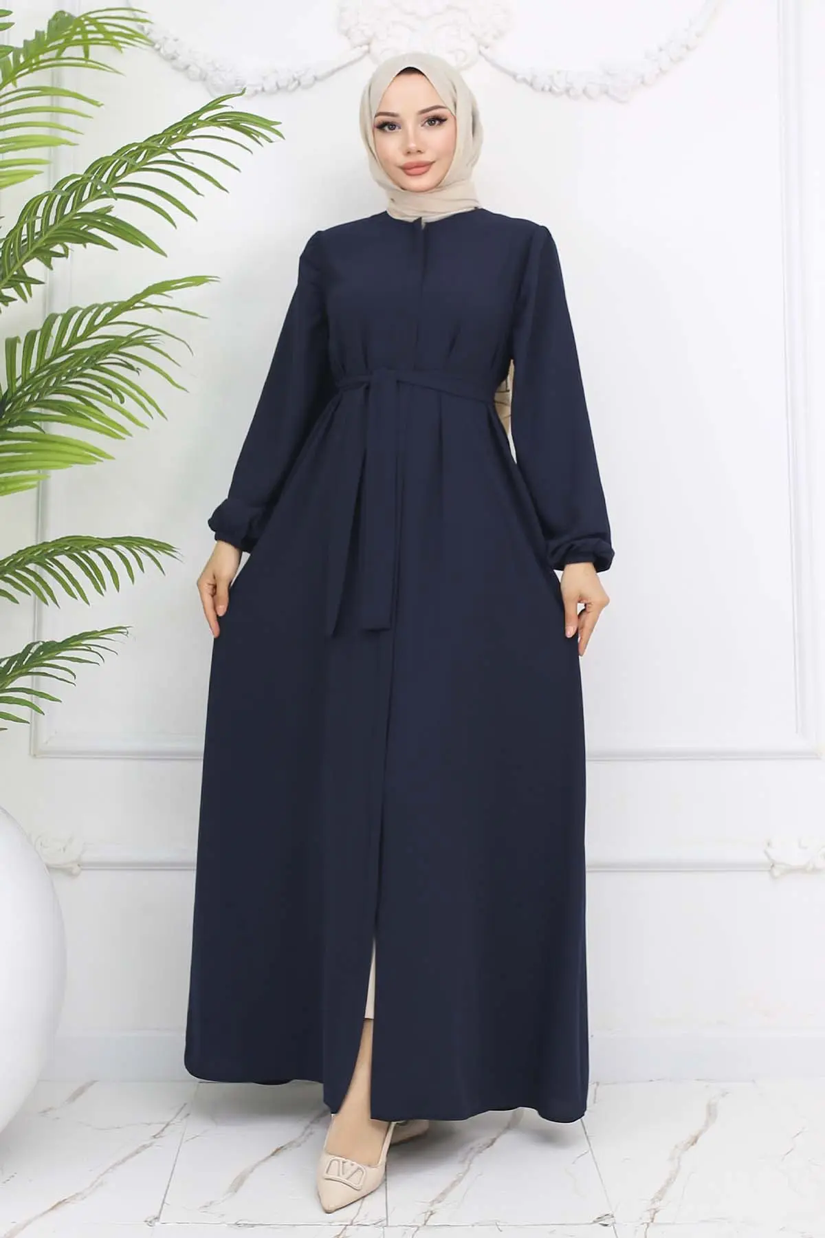 Gizli Fermuarlı Kuşaklı Ferace Lacivert 1003-detail