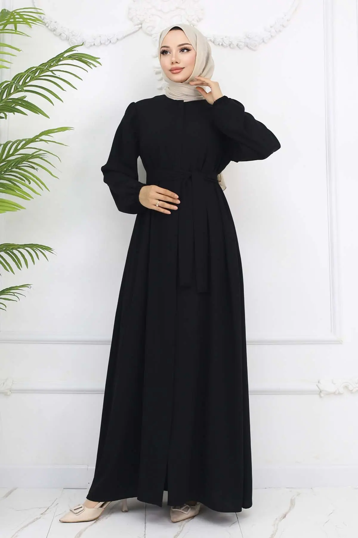 Gizli Fermuarlı Kuşaklı Ferace Siyah 1003-detail