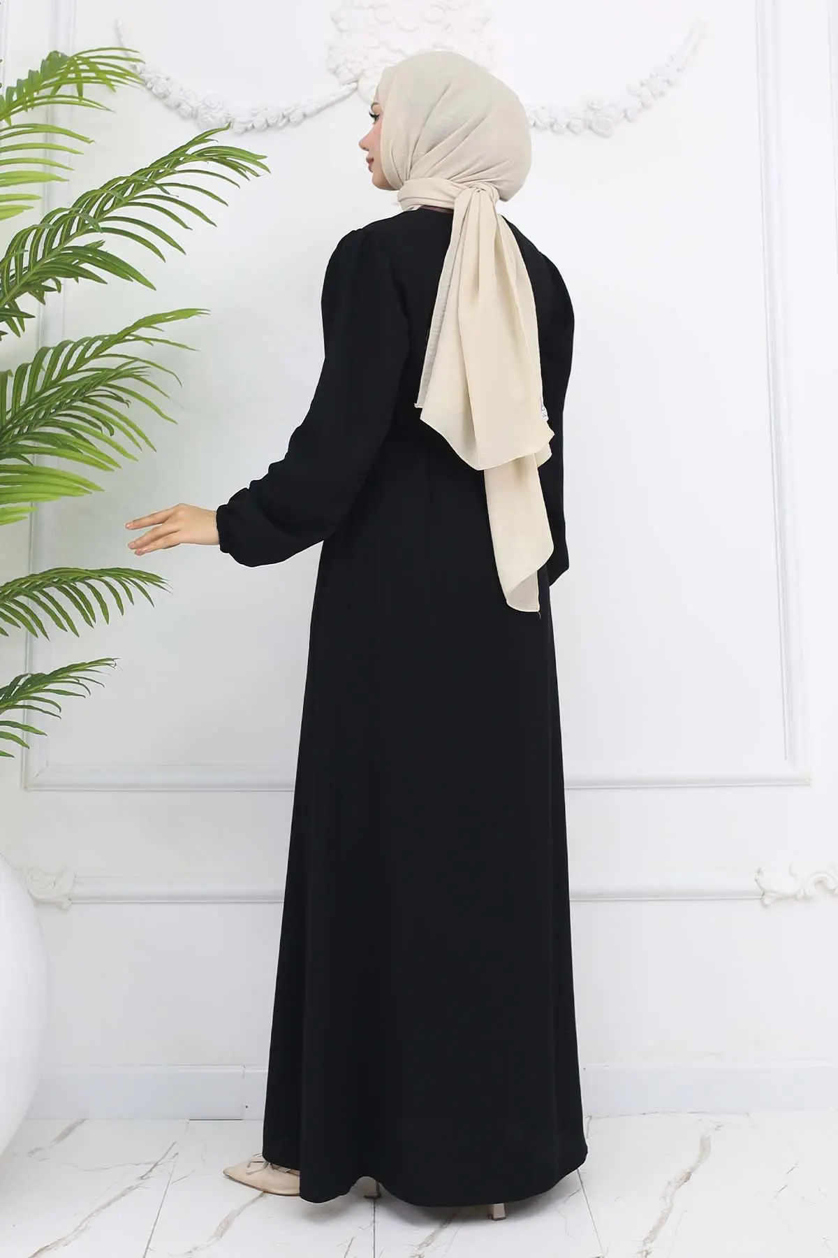 Gizli Fermuarlı Kuşaklı Ferace Siyah 1003-detail