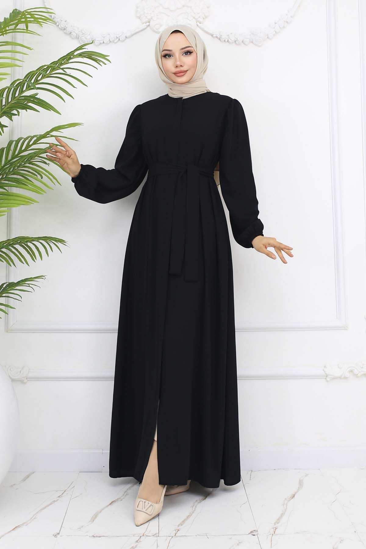 Hidden Zipper Belted Abaya