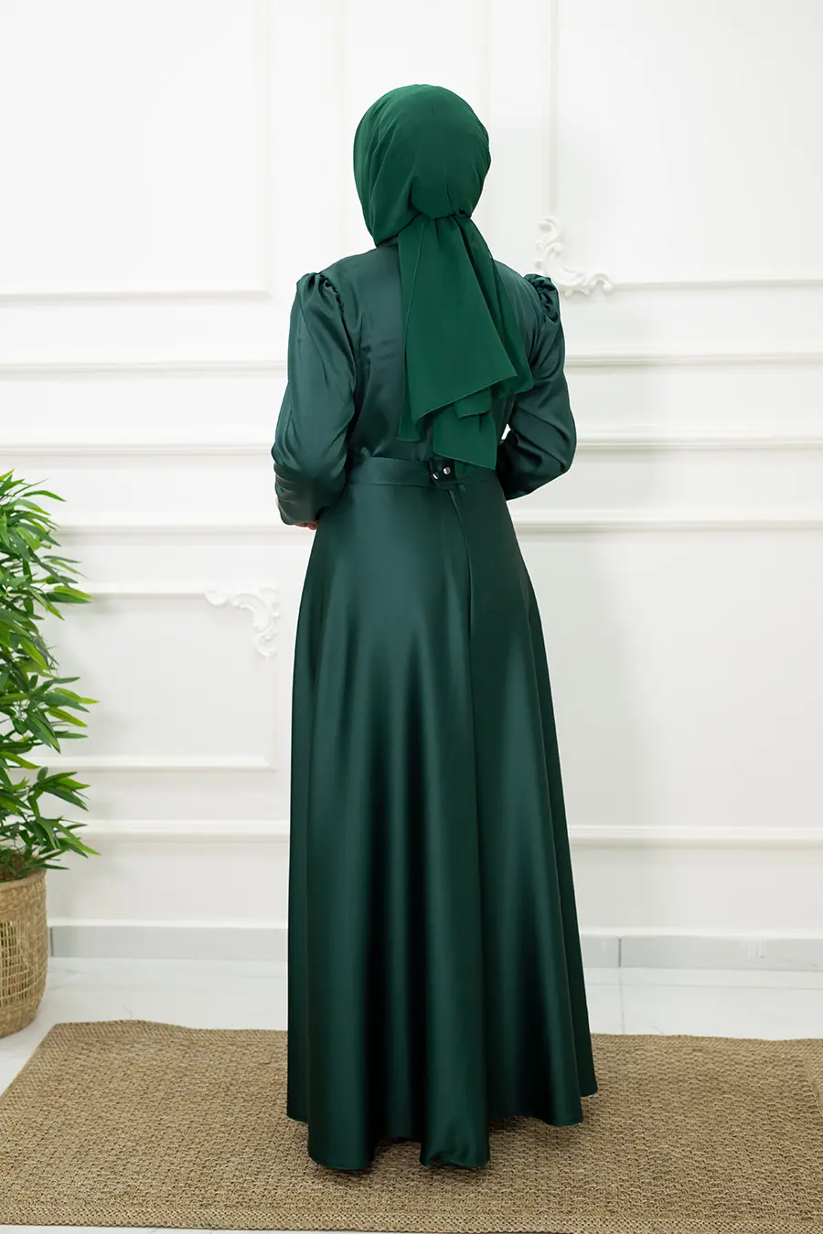 Göğüs Drapeli Gövde Taş Işleme Saten Tesettür Abiye Haki-detail