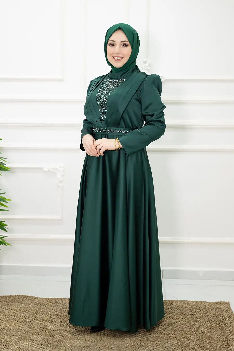Göğüs Drapeli Gövde Taş Işleme Saten Tesettür Abiye Haki-detail