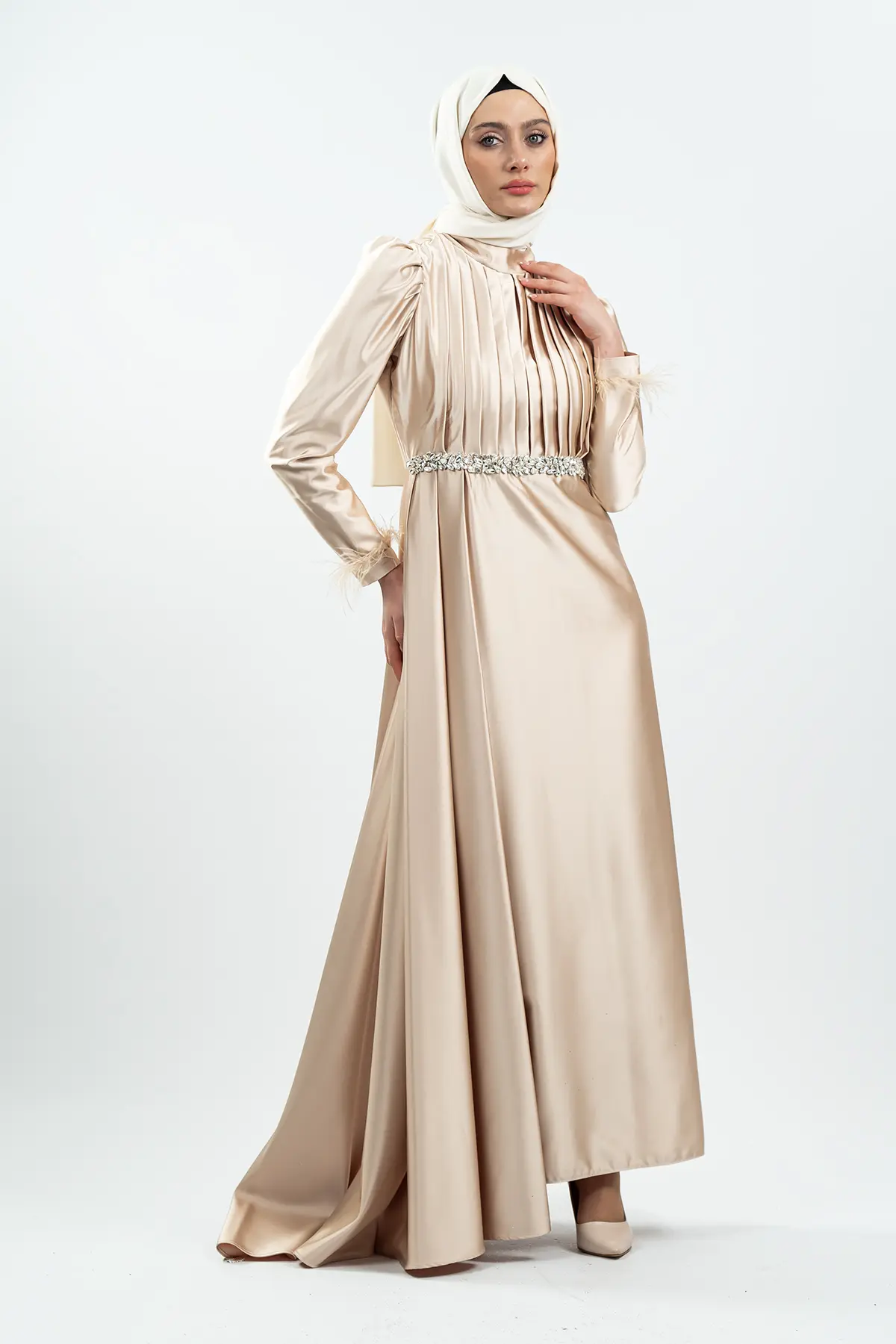 Gold Taşlı Saten Bordo Abiye Elbise-detail