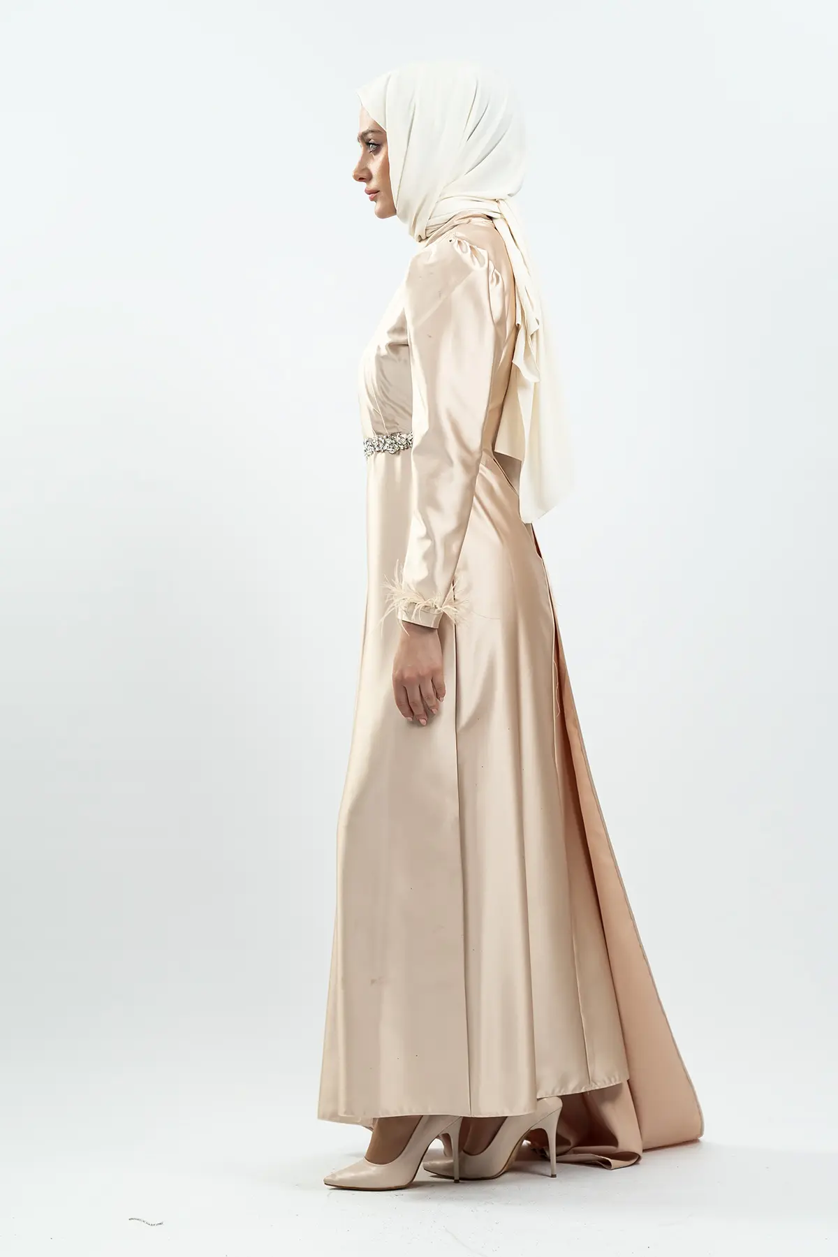 Gold Taşlı Saten Bordo Abiye Elbise-detail