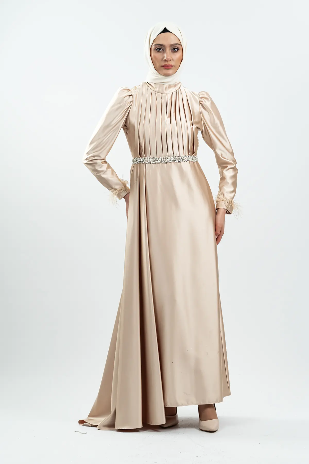 Gold Taşlı Saten Bordo Abiye Elbise-detail