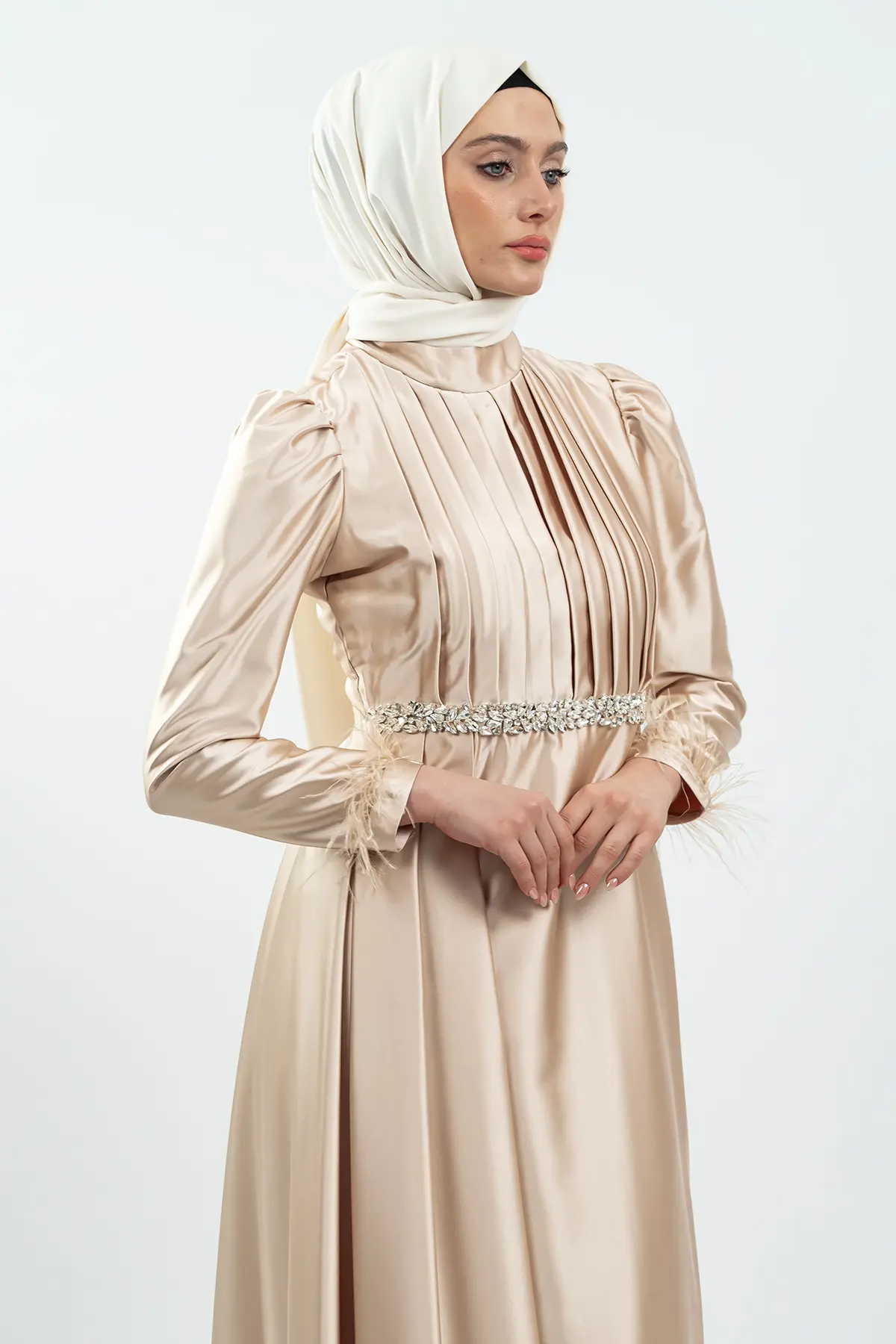 Gold Taşlı Saten Bordo Abiye Elbise-detail