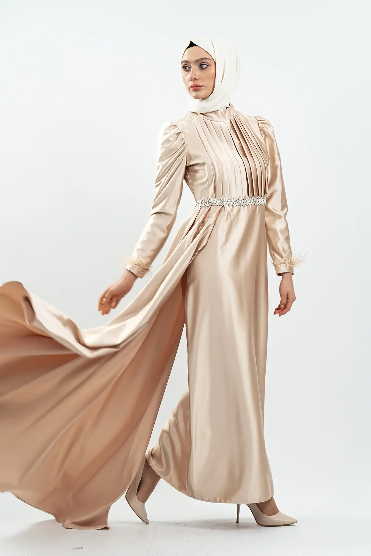 Gold Taşlı Saten Bordo Abiye Elbise-detail