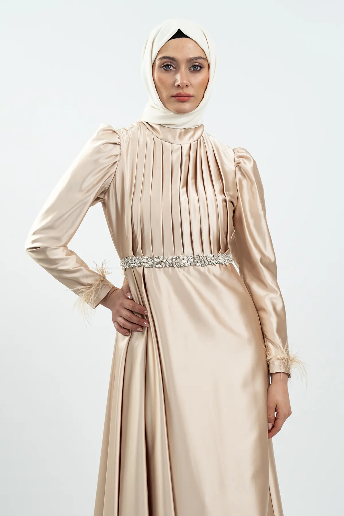 Gold Taşlı Saten Bordo Abiye Elbise-detail