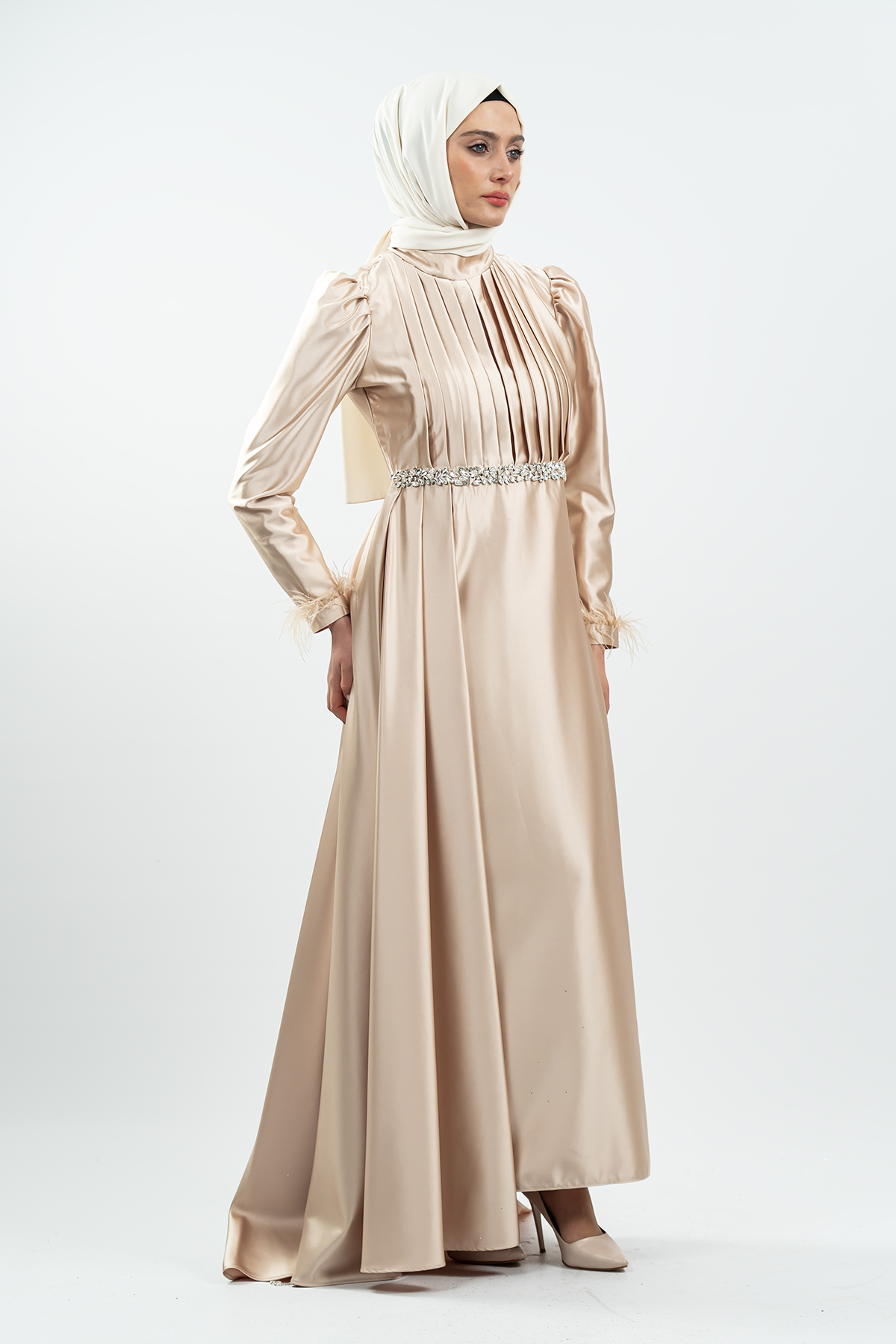 Gold Taşlı Saten Bordo Abiye Elbise