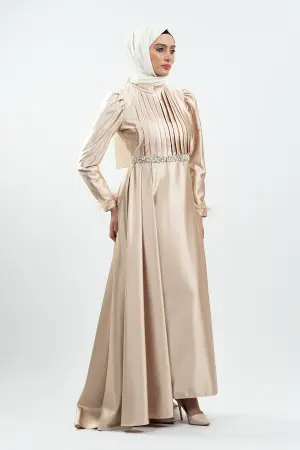 Gold Taşlı Saten Bordo Abiye Elbise