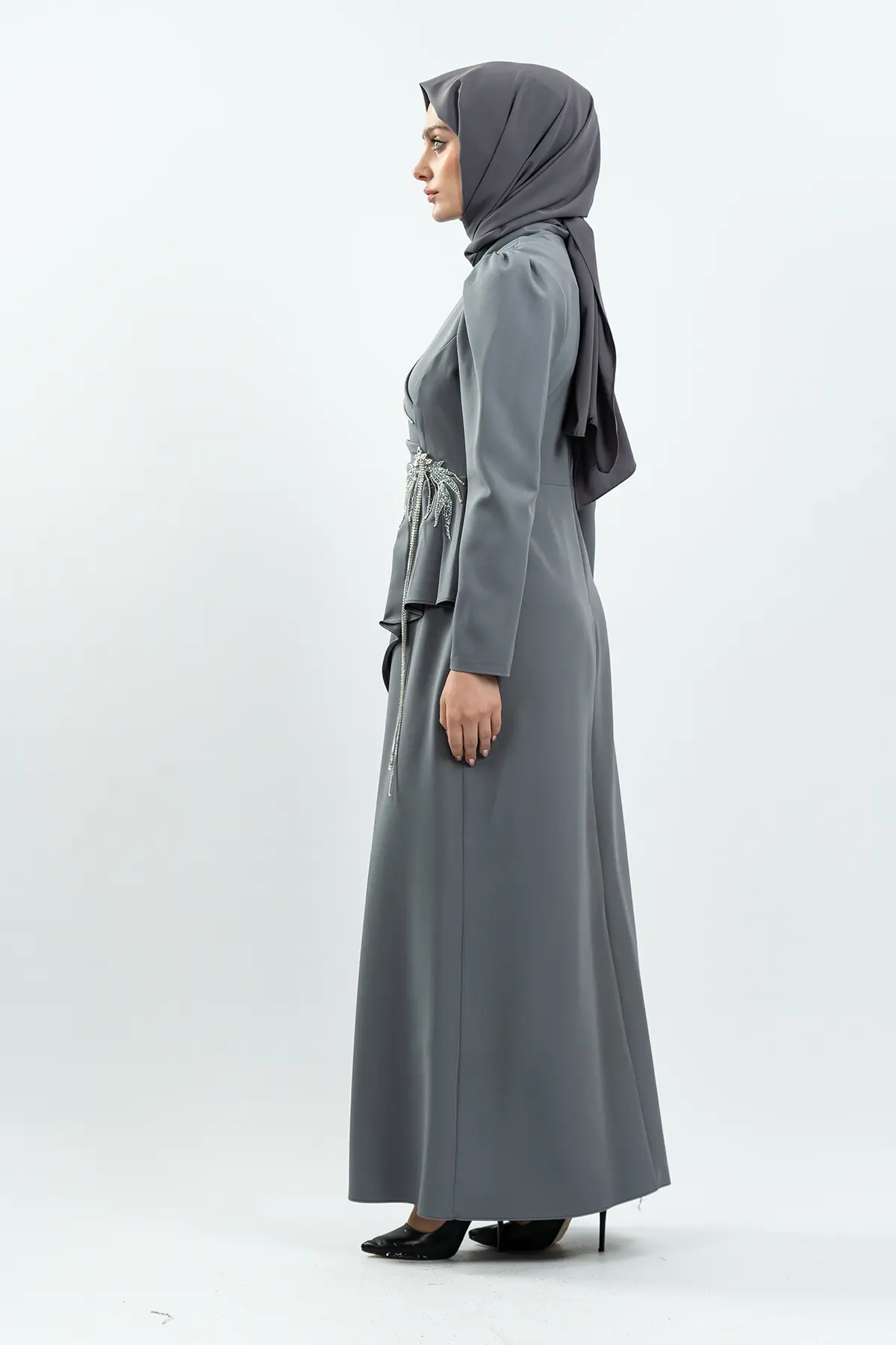 Gri Taş Detaylı Abiye Elbise-detail