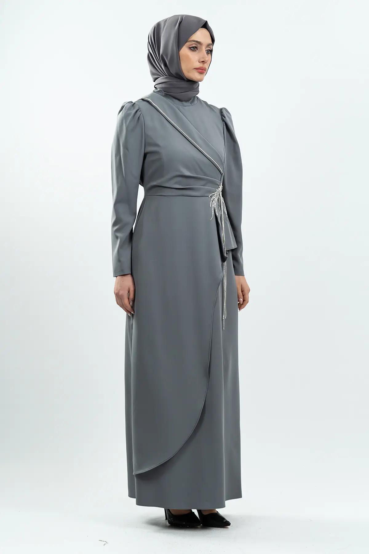 Gri Taş Detaylı Abiye Elbise-detail