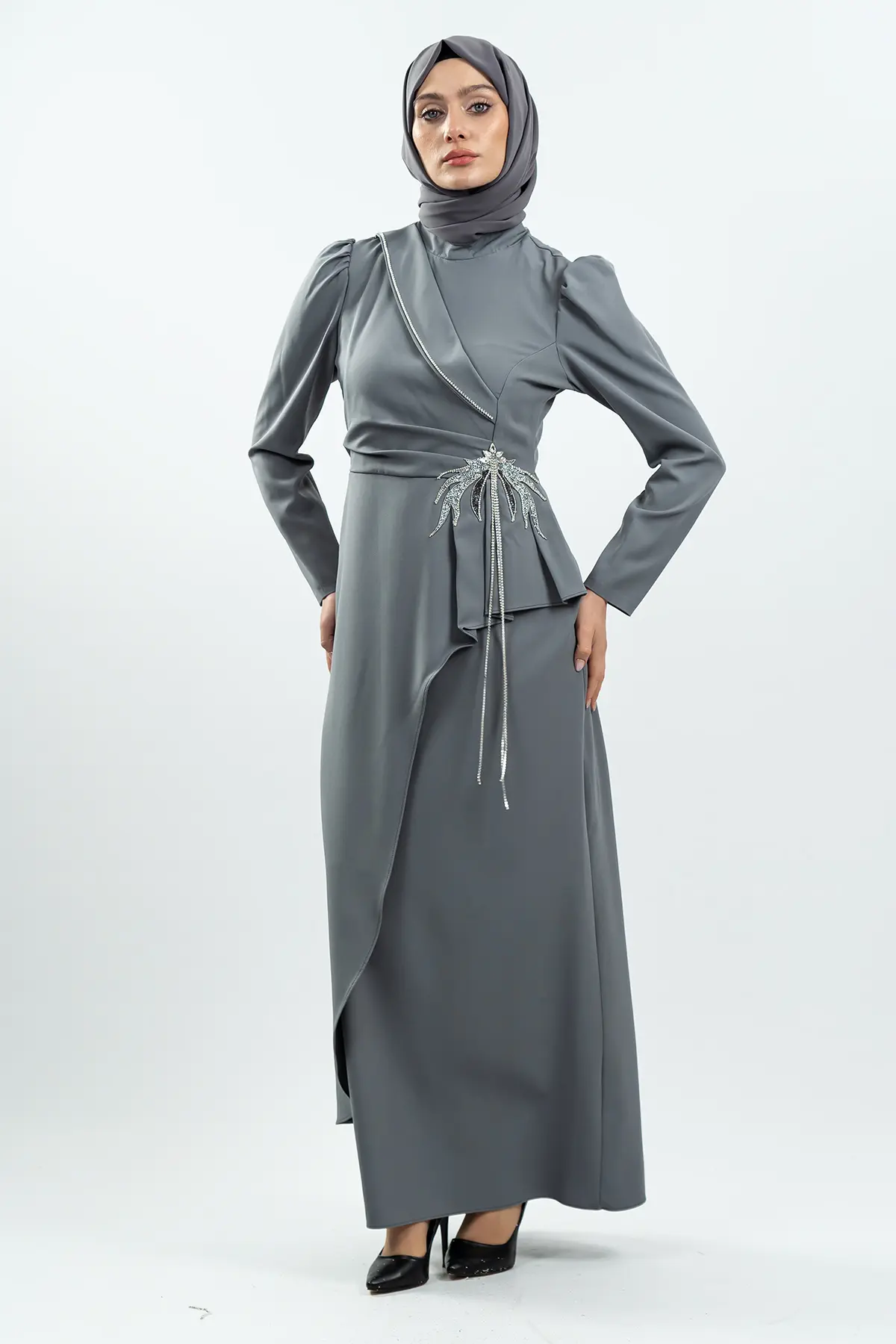 Gri Taş Detaylı Abiye Elbise-detail