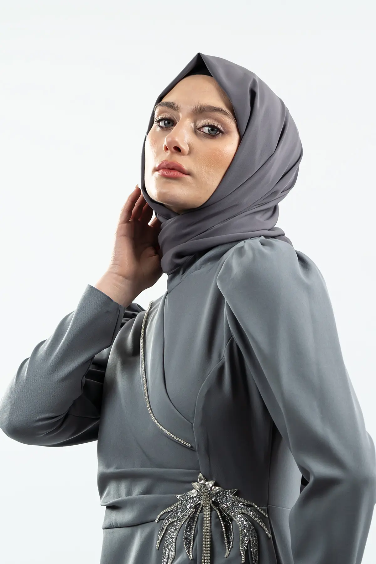 Gri Taş Detaylı Abiye Elbise-detail